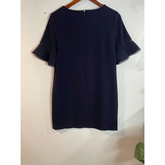 LOFT Petites 10P Navy Blue Shift Dress With Eyelet Trim Sleeves Short Sleeve - Picture 2 of 14